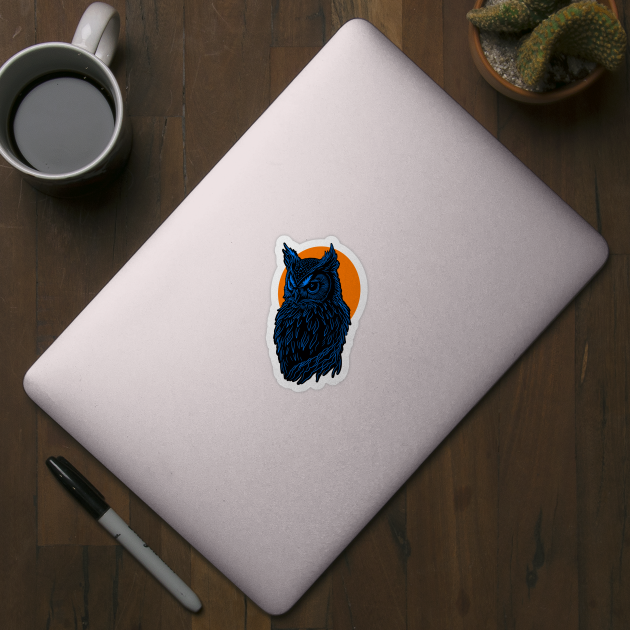 Blue Owl design in front of orange full moon. by DaveDanchuk
